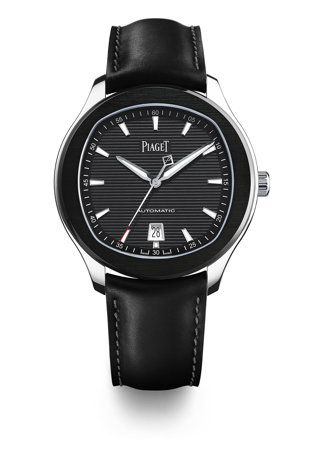 Piaget Polo S watch – 42 mm Case in steel, sapphire case-back, black ADLC bezel, black colored dial with silvered appliques indexes with Superluminova, Manufacture Piaget 1110P self-winding mechanical movement (Hours, Minutes, Seconds, Date at 6 o’clock, slate grey oscillating weight) 9.4 mm thickness and water resistant up to 100 m Black rubber strap set with an ardillon buckle Delivered with a second black calfskin strap Edition limited to 888 pieces