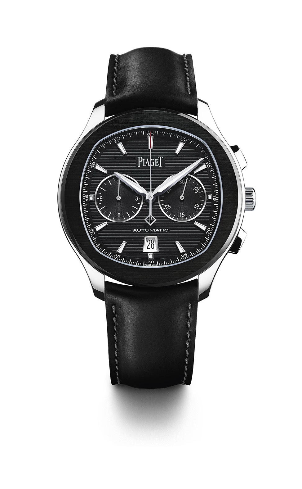Piaget Polo S watch – 42 mm Case in steel,sapphire case-back, black ADLC bezel, black colored dial, with silvered appliques indexes with Superluminova, Manufacture Piaget 1160P self-winding mechanical chronograph movement (Hours, Minutes, Date at 6 o’clock, Chronograph with central seconds, 30-minute counter at 3 o’clock, 12 hours counter at 9’, slate grey oscillating weight) 11,2 mm thickness and water resistant up to 100 m Black rubber strap set with an ardillon buckle Delivered with a second black calfskin strap.