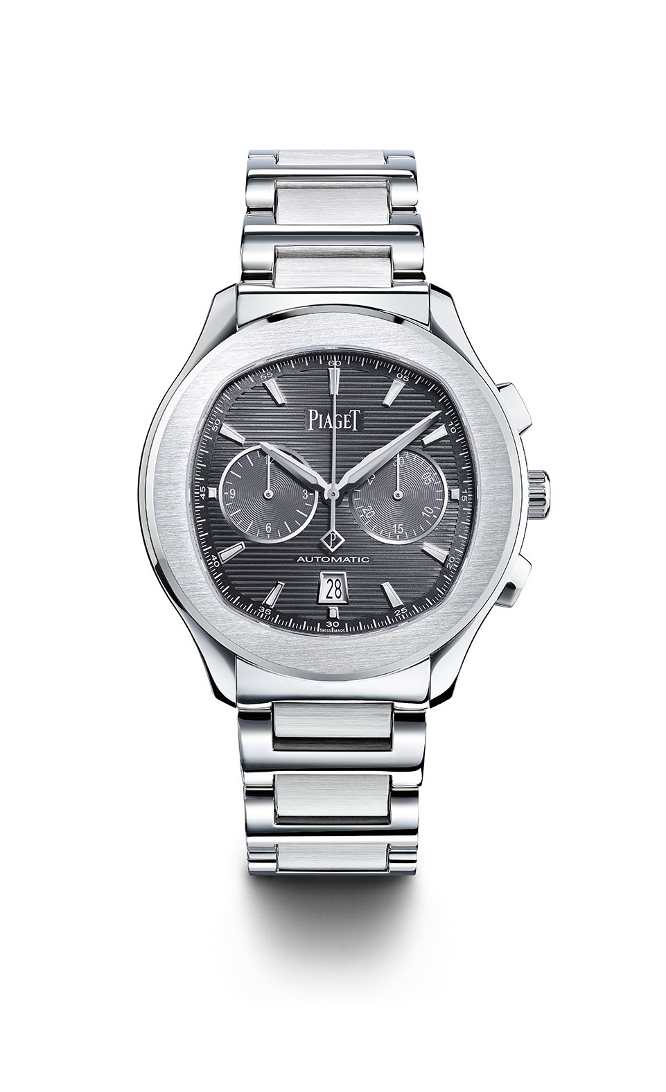 Piaget Polo S watch – 42 mm Case in steel, sapphire case-back, slate grey dial with silvered appliques indexes with Superluminova, Manufacture Piaget 1160P self-winding mechanical chronograph movement (Hours, Minutes, Date at 6 o’clock, Chronograph with central seconds, 30-minute counter at 3 o’clock, 12 hours counter at 9’, slate grey oscillating weight) 11,2 mm thickness and water resistant up to 100 m Bracelet in steel with integrated folding clasp.